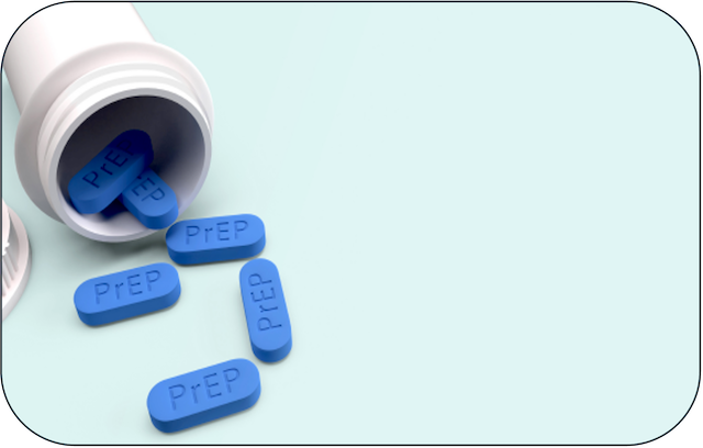 Open pill bottle with blue PrEP pills spilling out