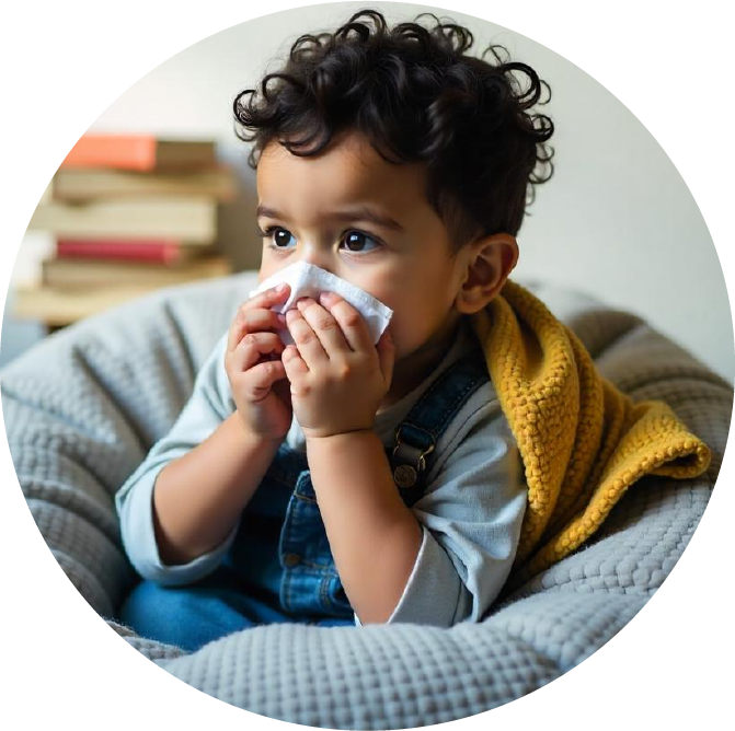 Icon image of a young boy ill with flu or cold while sitting on a bean bag chair holding a tissues to his nose and a blanket wrapped around him.