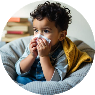 Icon image of a young boy ill with flu or cold while sitting on a bean bag chair holding a tissues to his nose and a blanket wrapped around him.