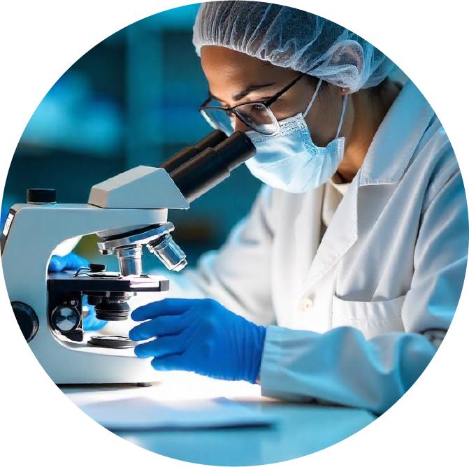 Icon showing a lab technician looking in a microscope while wearing PPE in an infectious disease lab.