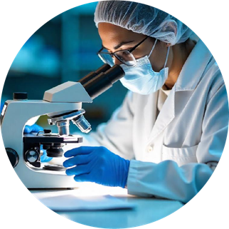Icon showing a lab technician looking in a microscope while wearing PPE in an infectious disease lab.