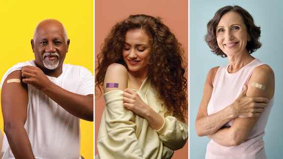 Three-panel image of a man and two women with bandages on their arm showing that they've been vaccinated