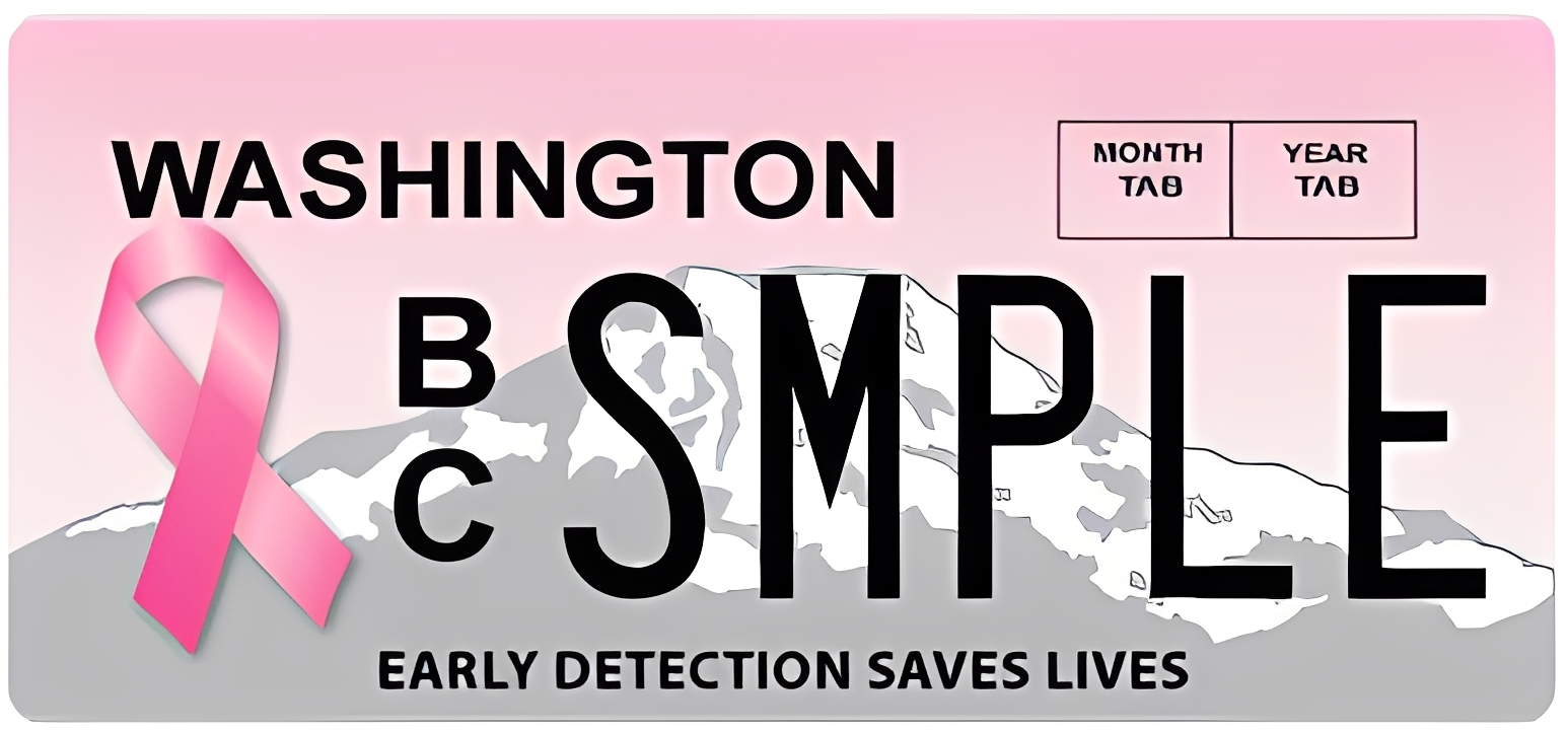 Sample license plate from Washington State Department of Licensing that supports and funds breast cancer organizations including King County's breast cancer screenings.