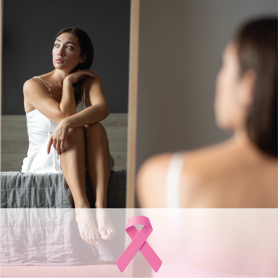 Breast cancer screening icon showing a woman sitting on her bed in front of a mirror and a pink ribbon awareness icon at the bottom