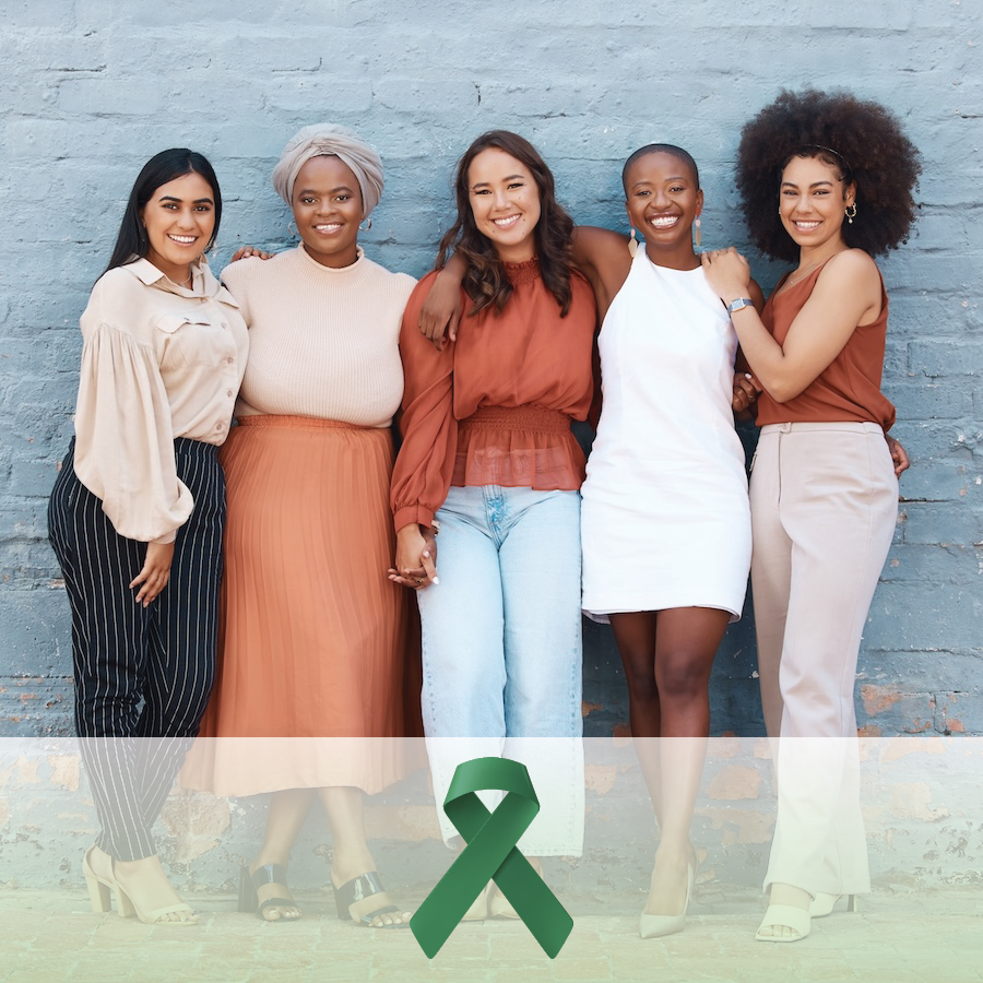 Cervical cancer screening icon showing a group of diverse women standing in front of a wall with a green ribbon awareness icon at the bottom