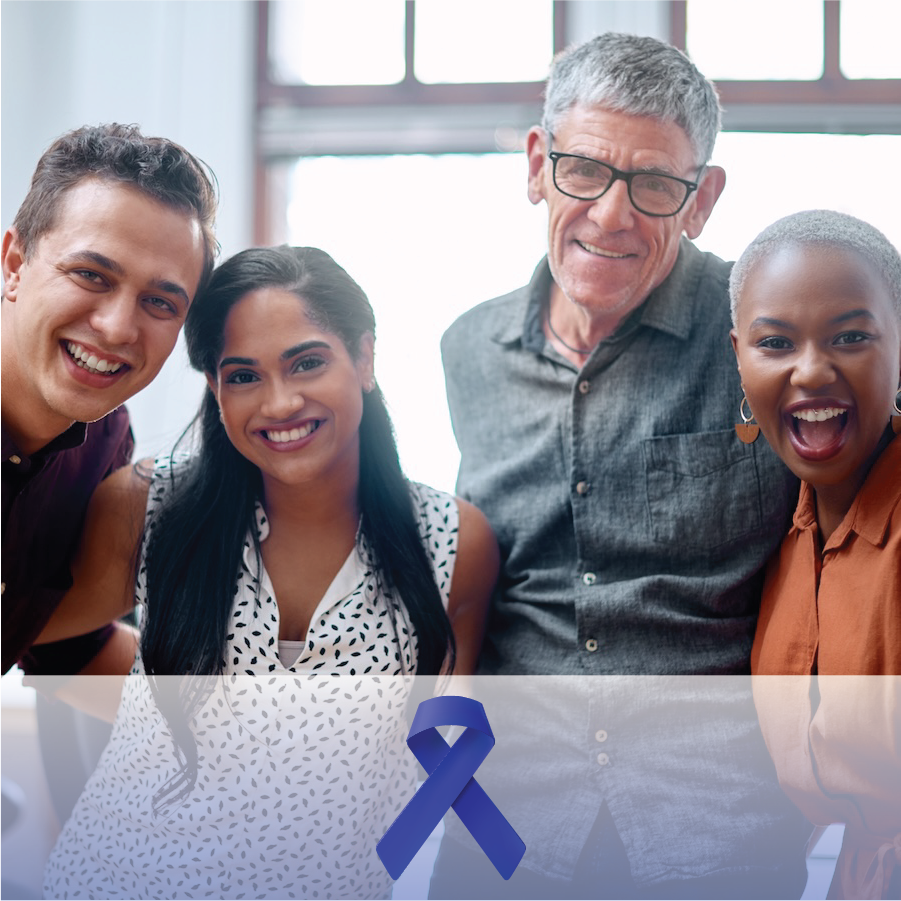 Colon cancer screening icon showing a group of ethnic and age-represented people and a blue ribbon awareness icon at the bottom