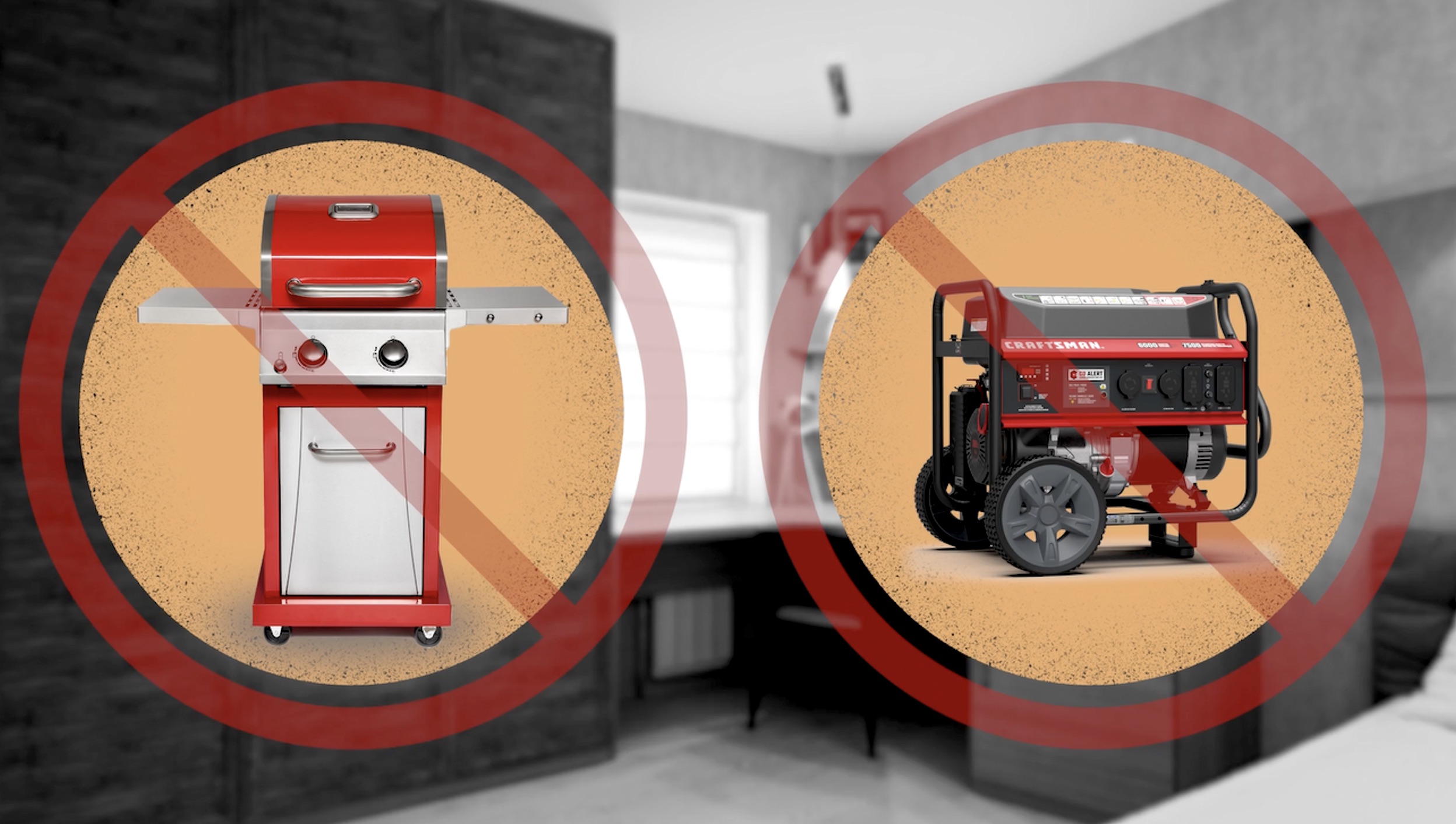 Graphic illustration showing to not use barbecues or generators indoors due to carbon monoxide poisoning