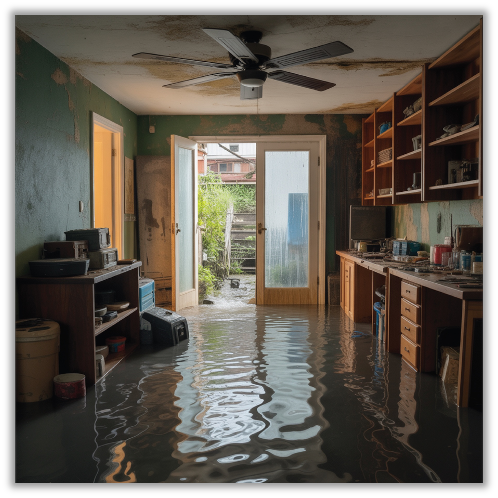 Scene of a flooded and mold-damaged basement