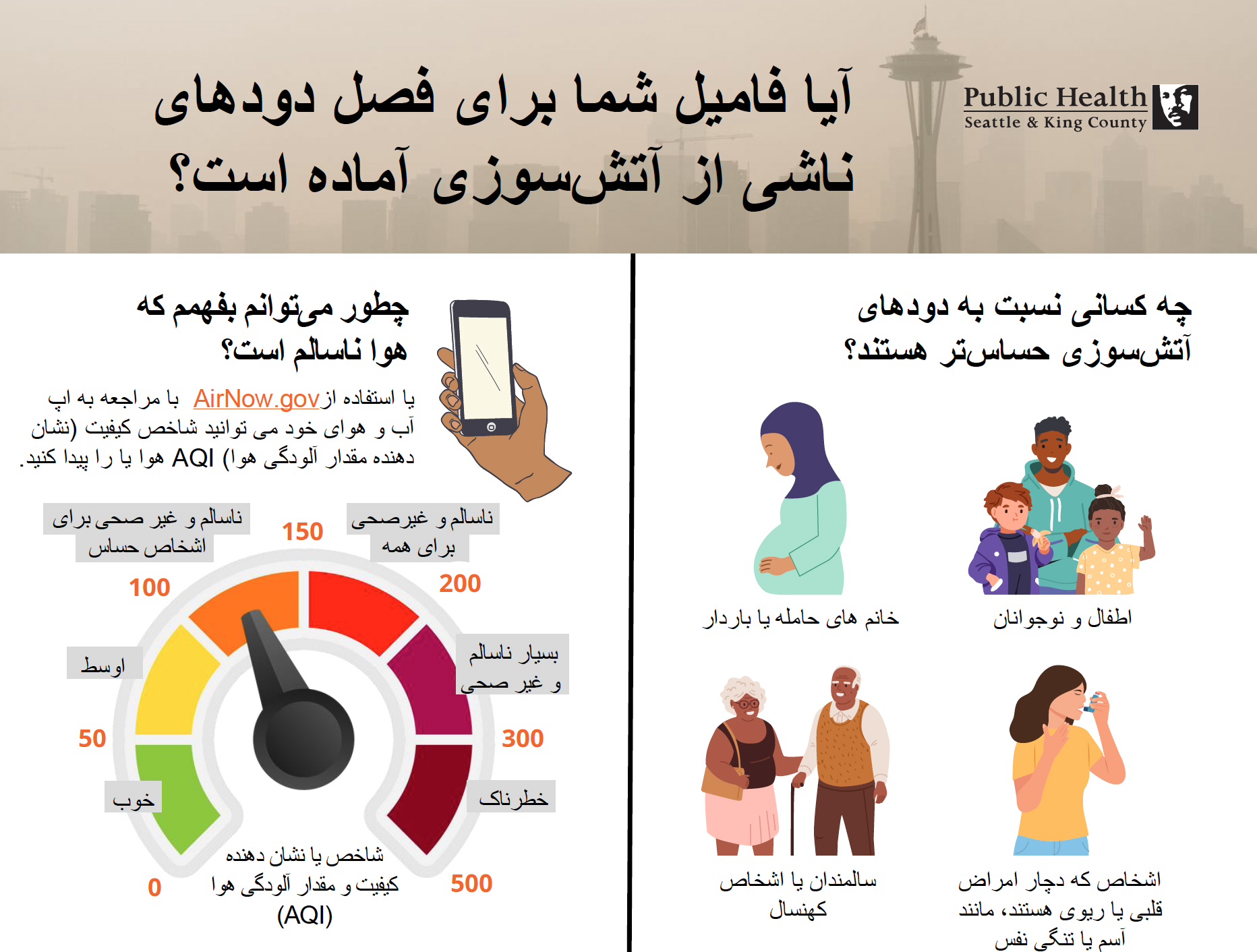 Partial screenshot of the poster, "Is your family ready for wildfire smoke season?" in Dari