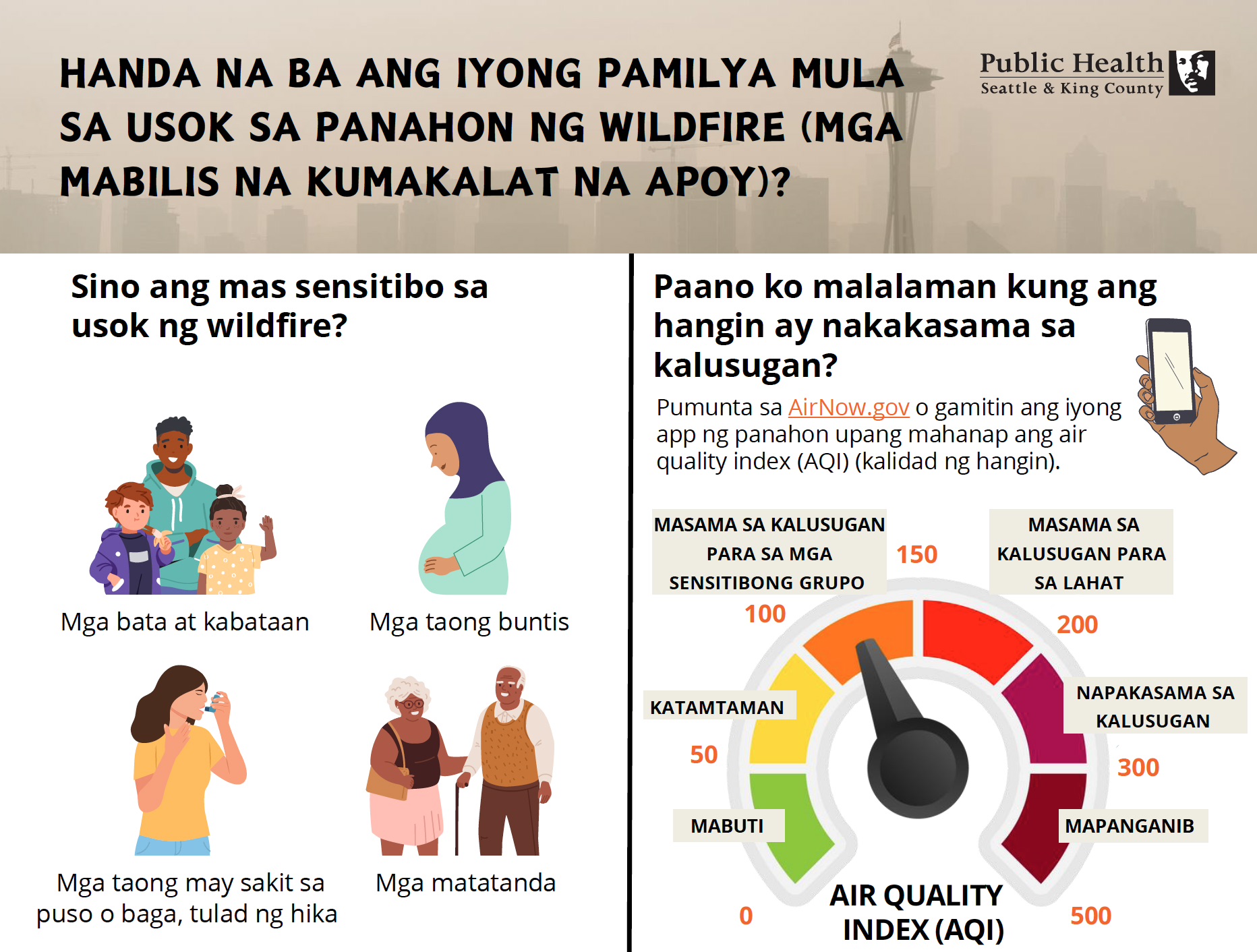 Partial screenshot of the poster, "Is your family ready for wildfire smoke season?" in Filipino-Tagalog