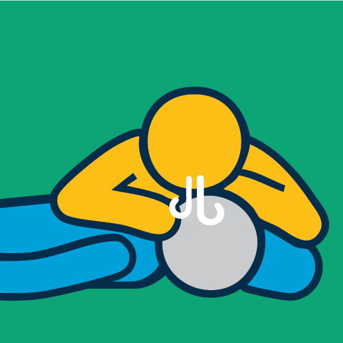 An illustration of a person leaning over another person. Lines indicate the a person breathing.