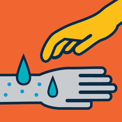 An illustration of a grey hand and arm with sweat droplets. A yellow hand reaches down to touch the skin.