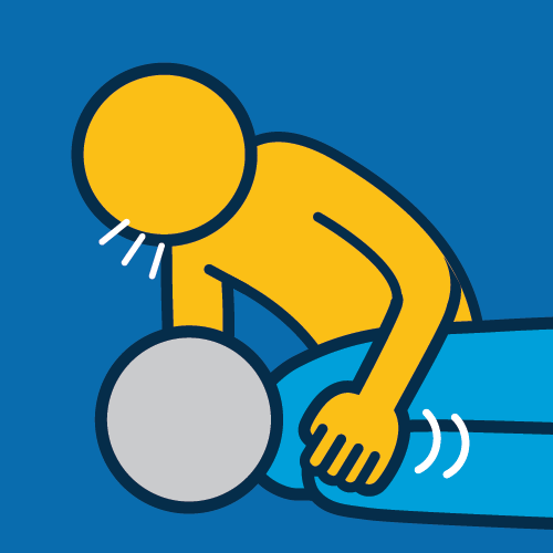 An illustration of two people, one laying on the ground. The other is above them, with lines indicating yelling and shaking the shoulder of the person laying down.