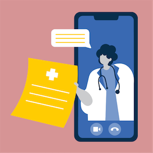 Cartoon image showing a health provider on a phone displaying a patient record