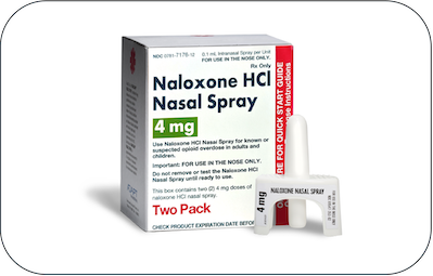 Icon image of a box of Naloxone Nasal Spray with product device sitting in front of the box