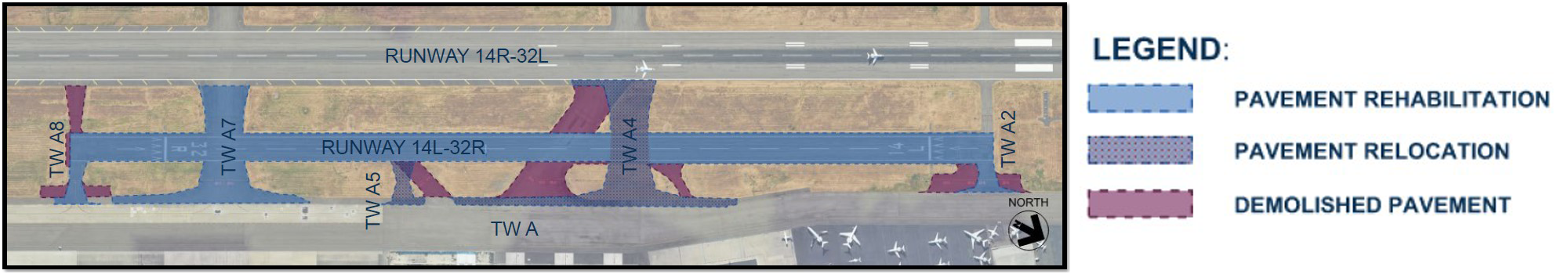 Closeup map of proposed work on Runway 14L/32R with legend