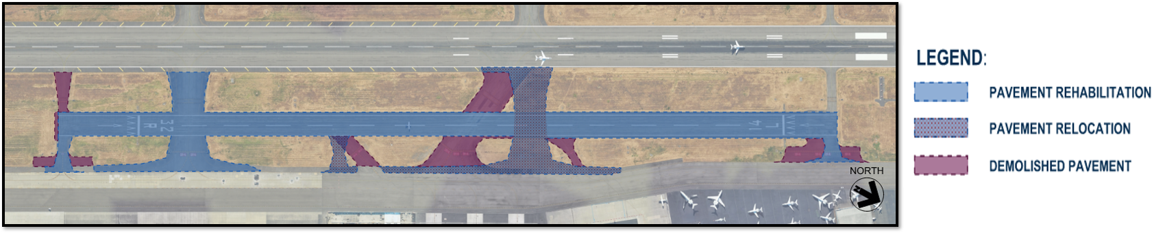 Closeup map of Runway 14L/32R showing pavement rehabilitation, demolition, and relocation areas
