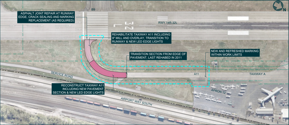 Closeup map showing construction plan for Taxiway A11