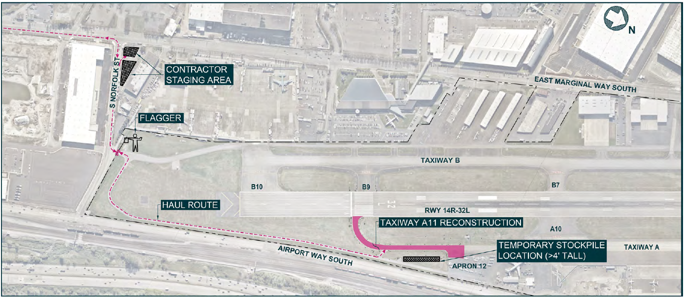 Map showing haul route for construction vehicles during Taxiway A11 rehab project