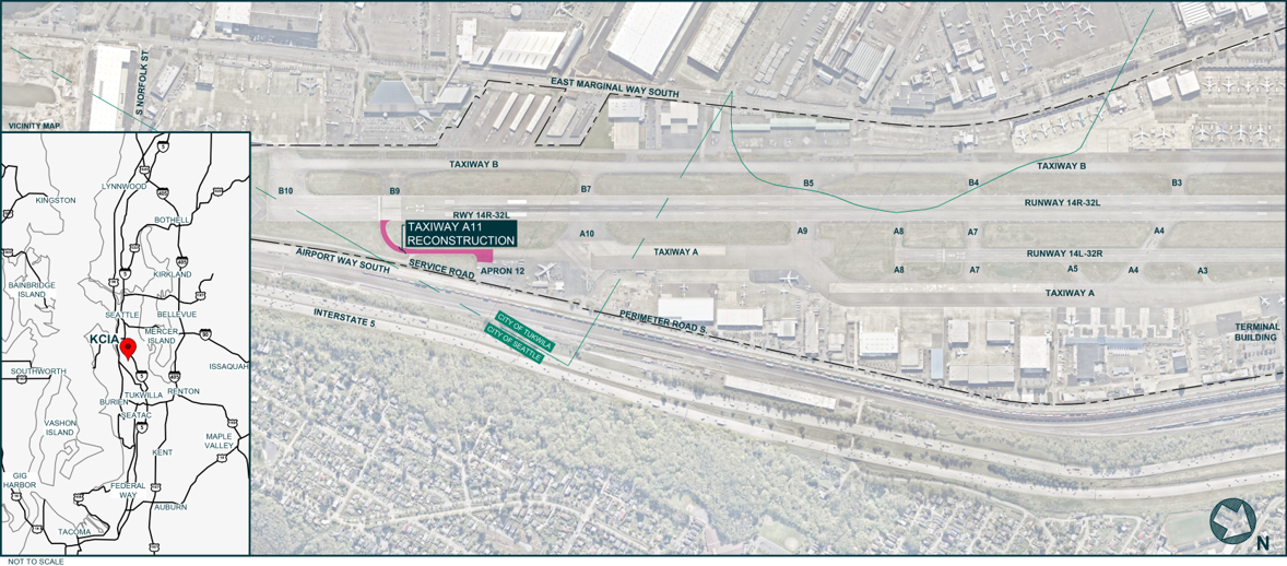 Map of King County International Airport-Boeing Field with Taxiway A11 highlighted