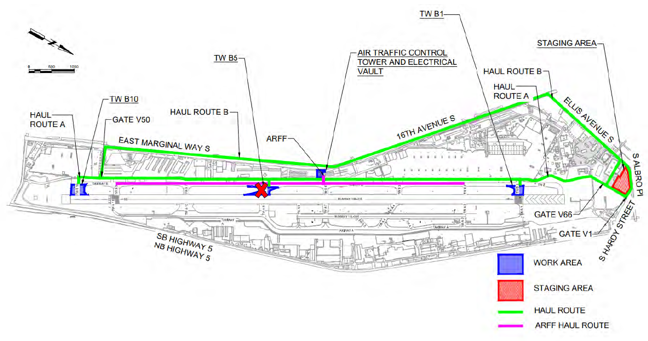 Map of King County International Airport-Boeing Field showing areas that will be impacted by an electrical upgrade project in the summer of 2025