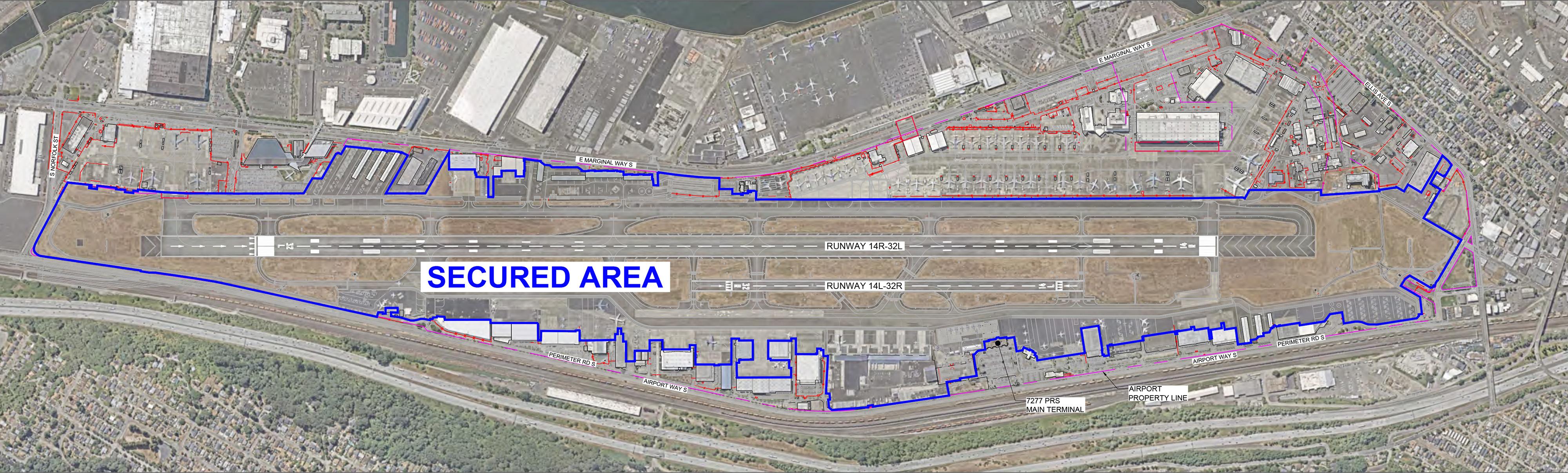 Aerial map showing secured area perimeter at King County International Airport-Boeing Field