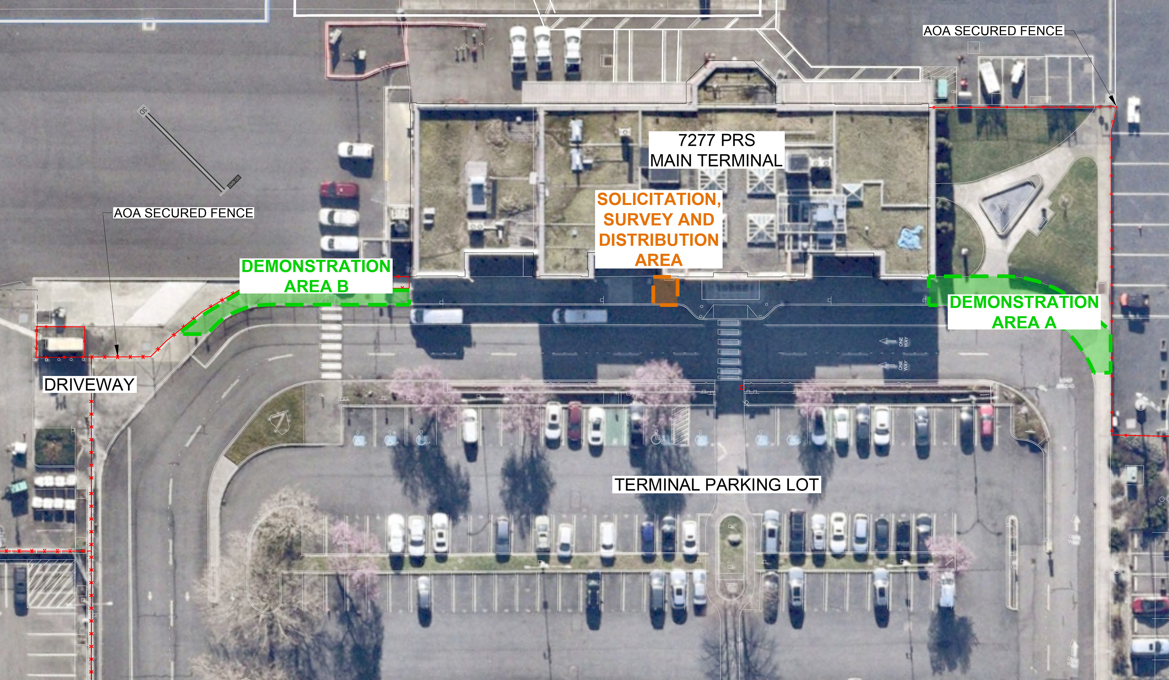 Aerial map showing main terminal and vicinity at King County International Airport-Boeing Field, with an overlay of the two demonstration areas on the north and south sides of the terminal, and the solicitation, survey, and distribution area near the main entrance