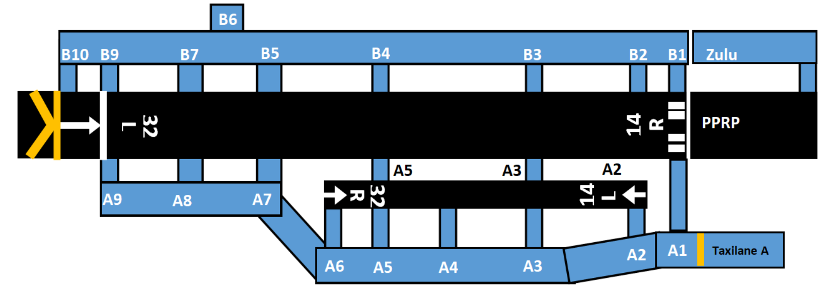 Diagram of runways and taxiways at King County International Airport-Boeing Field showing new configuration and labels
