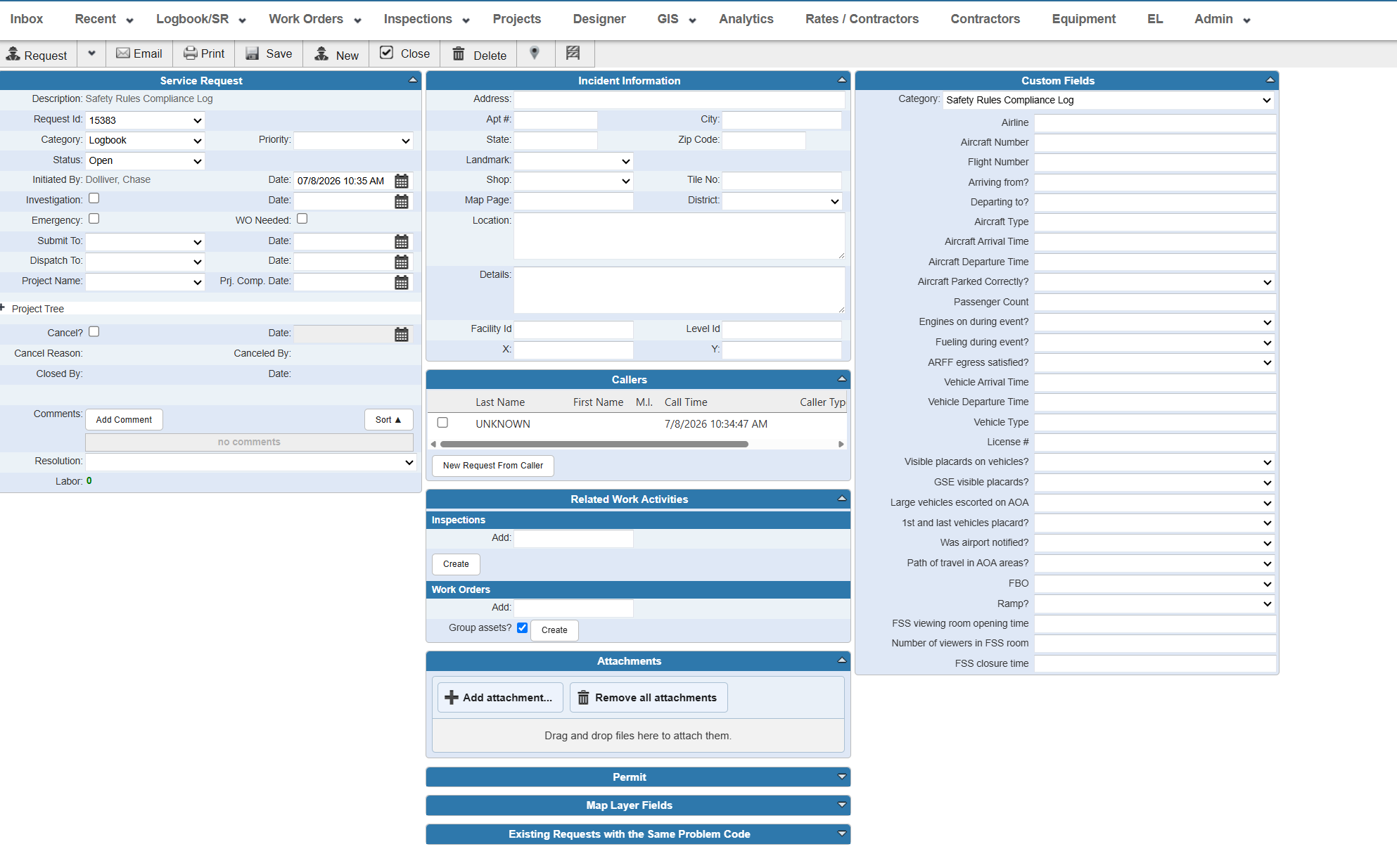 Screenshot of operations logging software