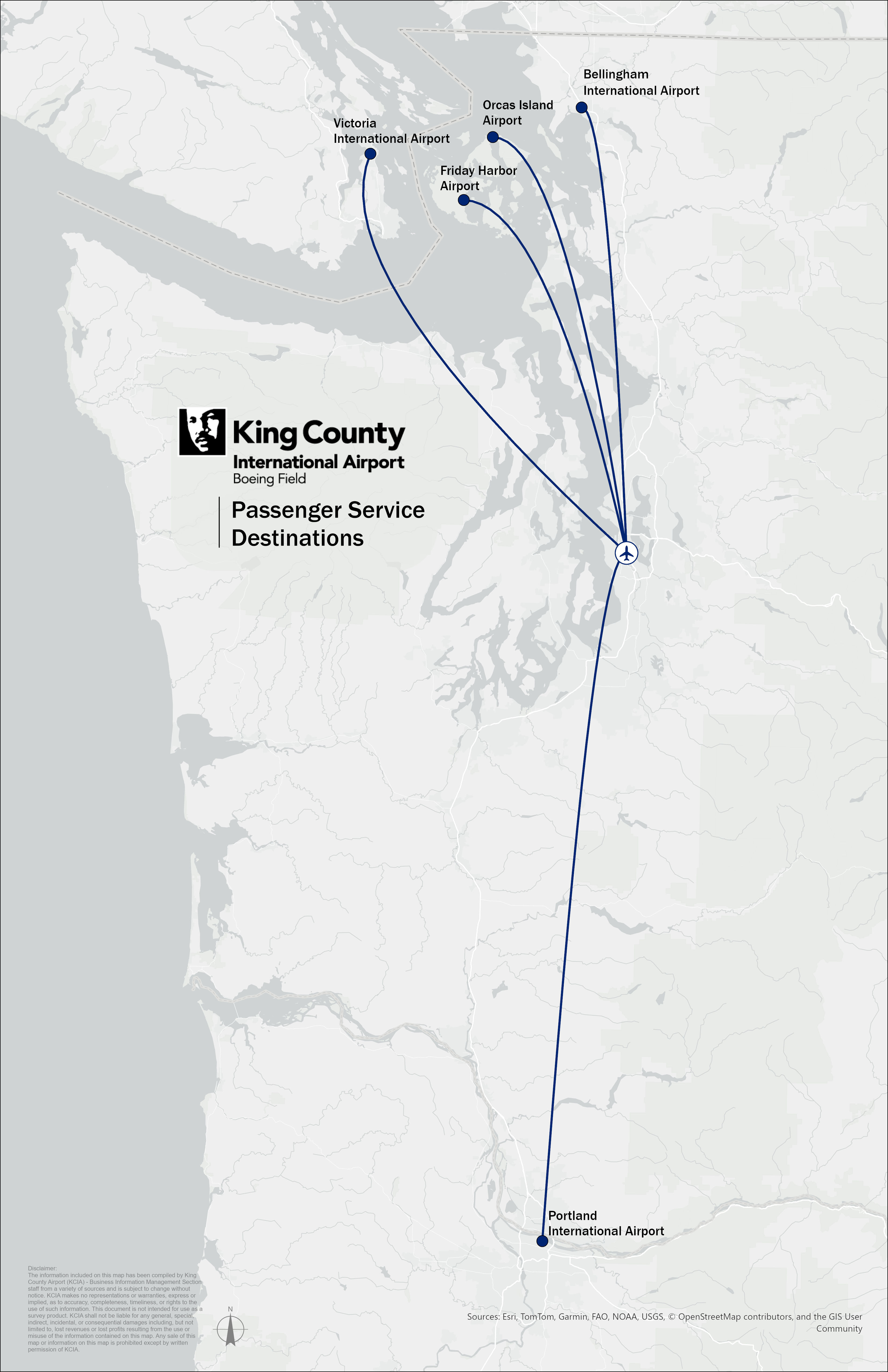 Map of passenger service destinations from BFI that include FRD, ESD, YYJ, PDX, and BLI
