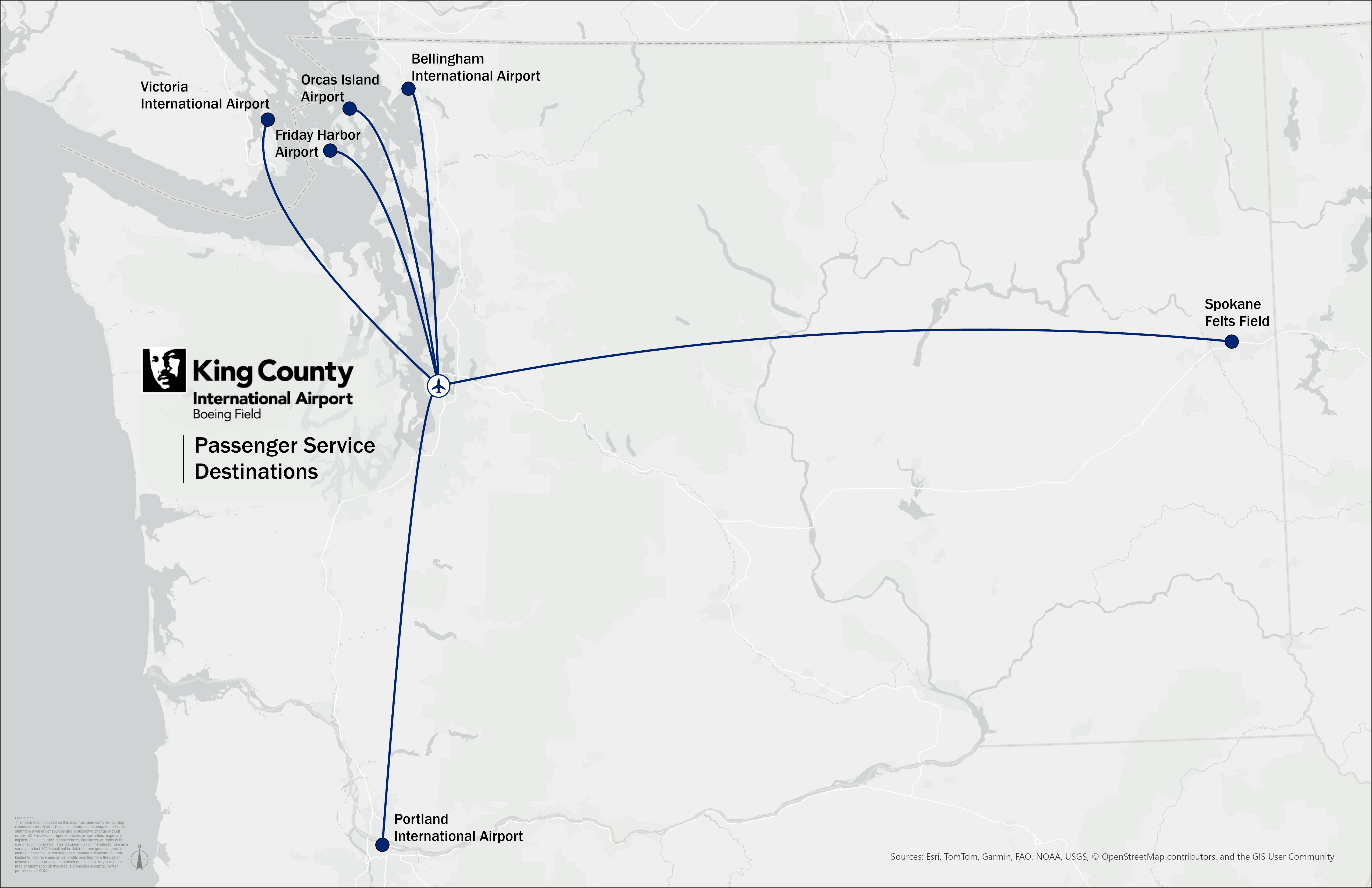 Map of passenger service destinations from BFI including FRD, ESD, YYJ, PDX, BLI, and SFF.