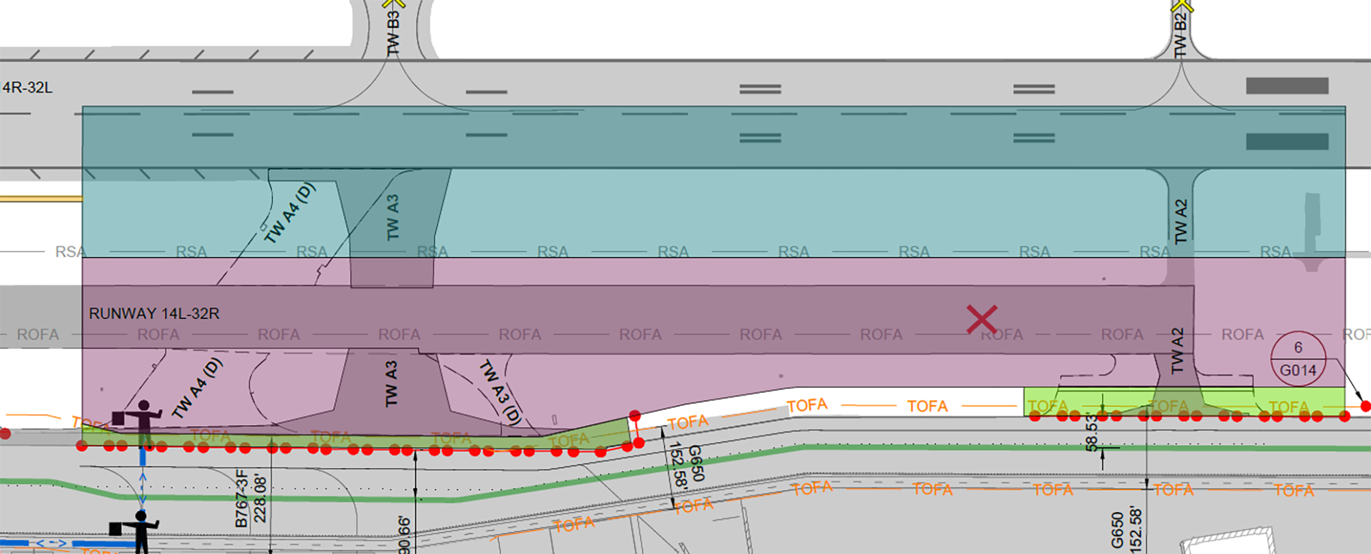 Map showing work area on Runway 14L/32R