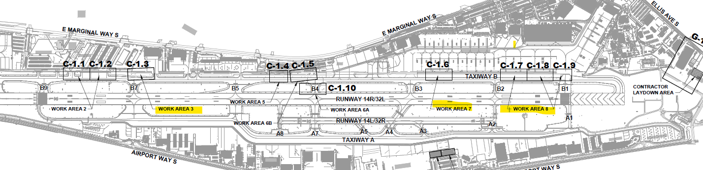 Map of King County International Airport-Boeing Field showing work areas for stormwater project and haul routes for construction contractors