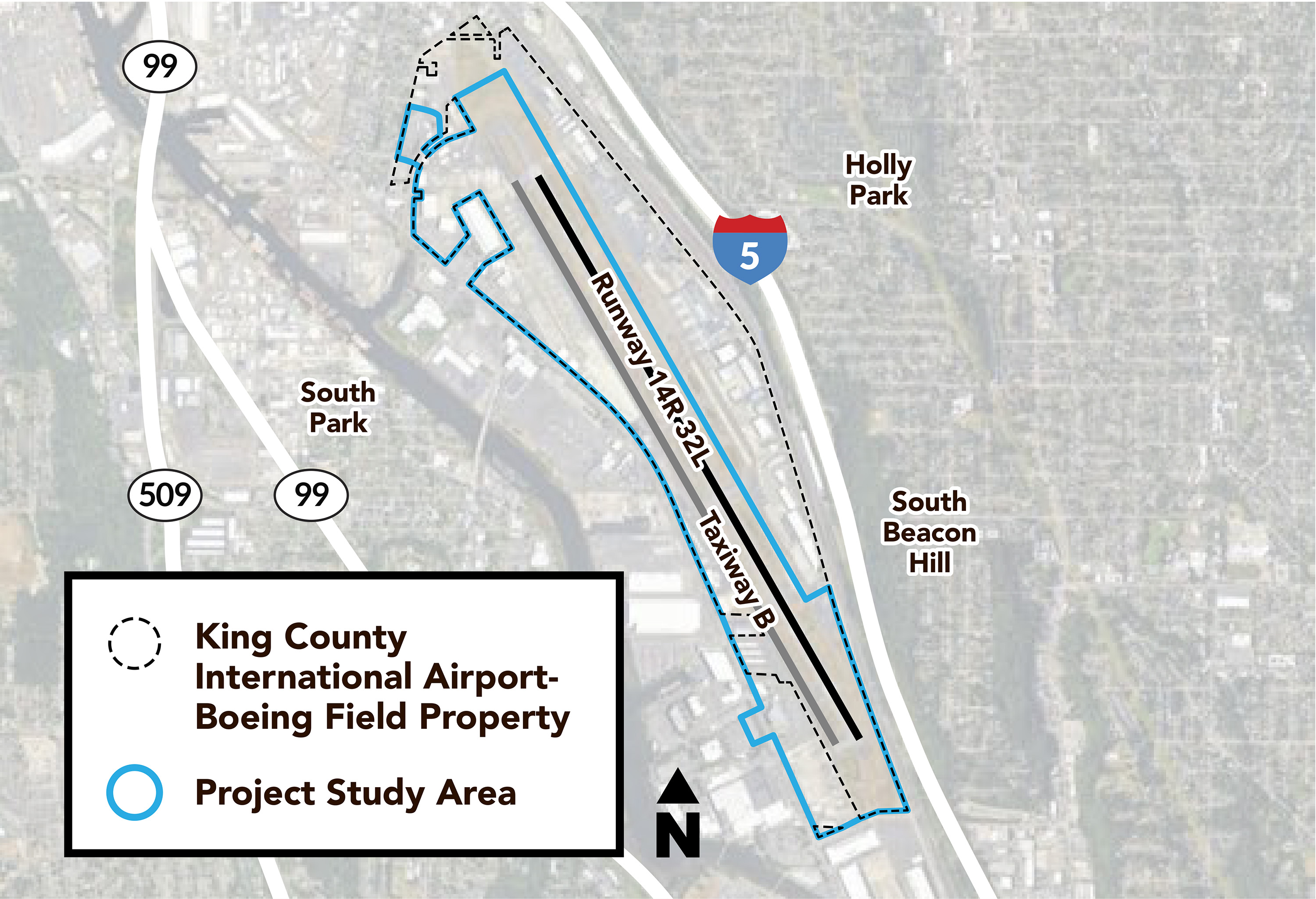 Diagram showing Taxiway B project study area in relation to the neighborhoods surrounding KCIA
