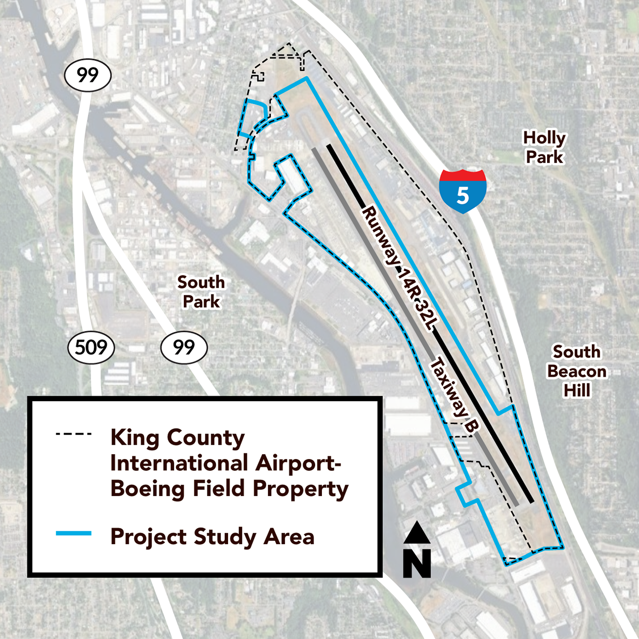 Diagram showing Taxiway B project study area in relation to the neighborhoods surrounding KCIA