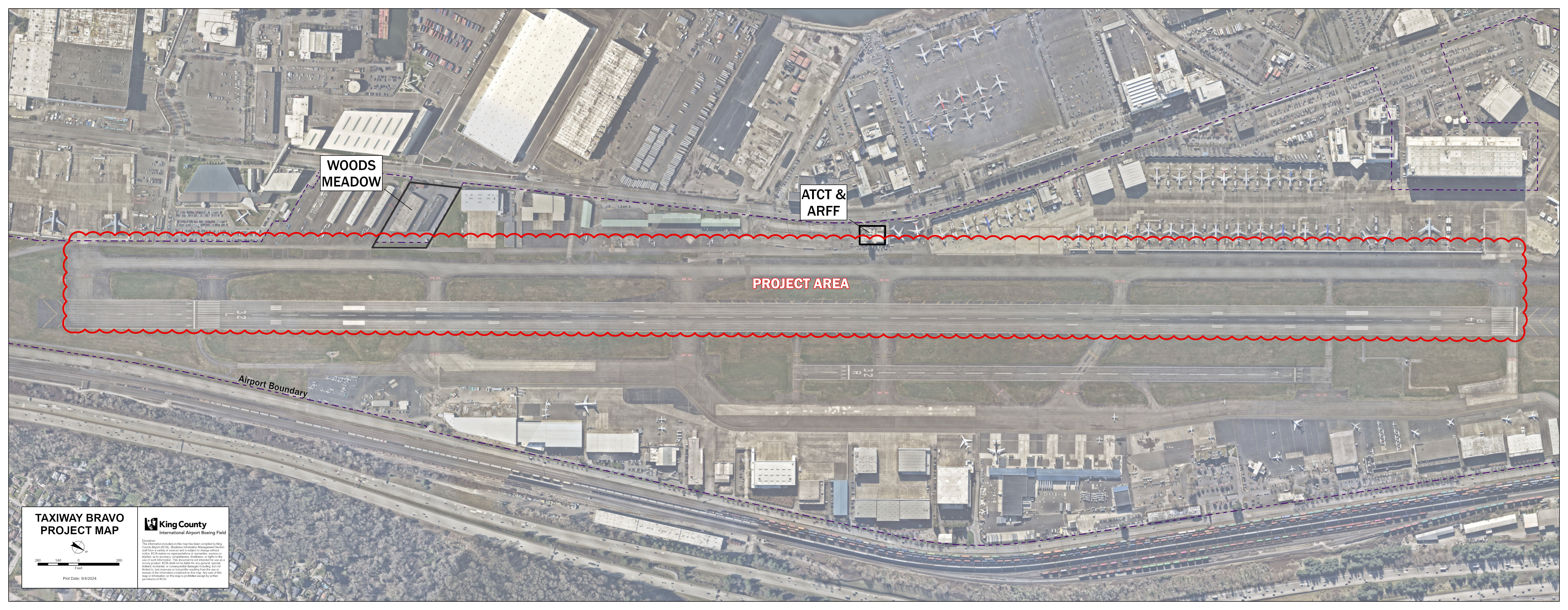 Aerial map showing project area for Taxiway B safety enhancement project, with ATCT and ARFF highlighted
