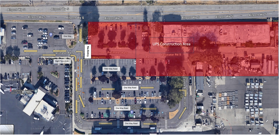 Aerial map showing the area affected by demolition of the 7300 Building and associated construction