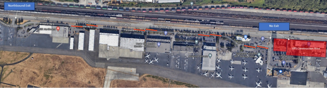 Aerial map showing the detour route along Perimeter Road South and the closed exit on Airport Way