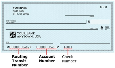 Example of bank check with RTN and account numbers highlighted