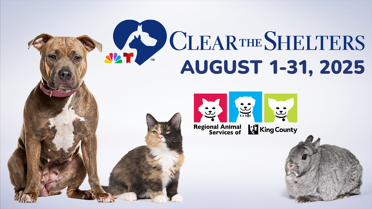 Clear the Shelters banner with photos of pets; logos of CTS, RASKC, NBC and text August 1-31, 2025