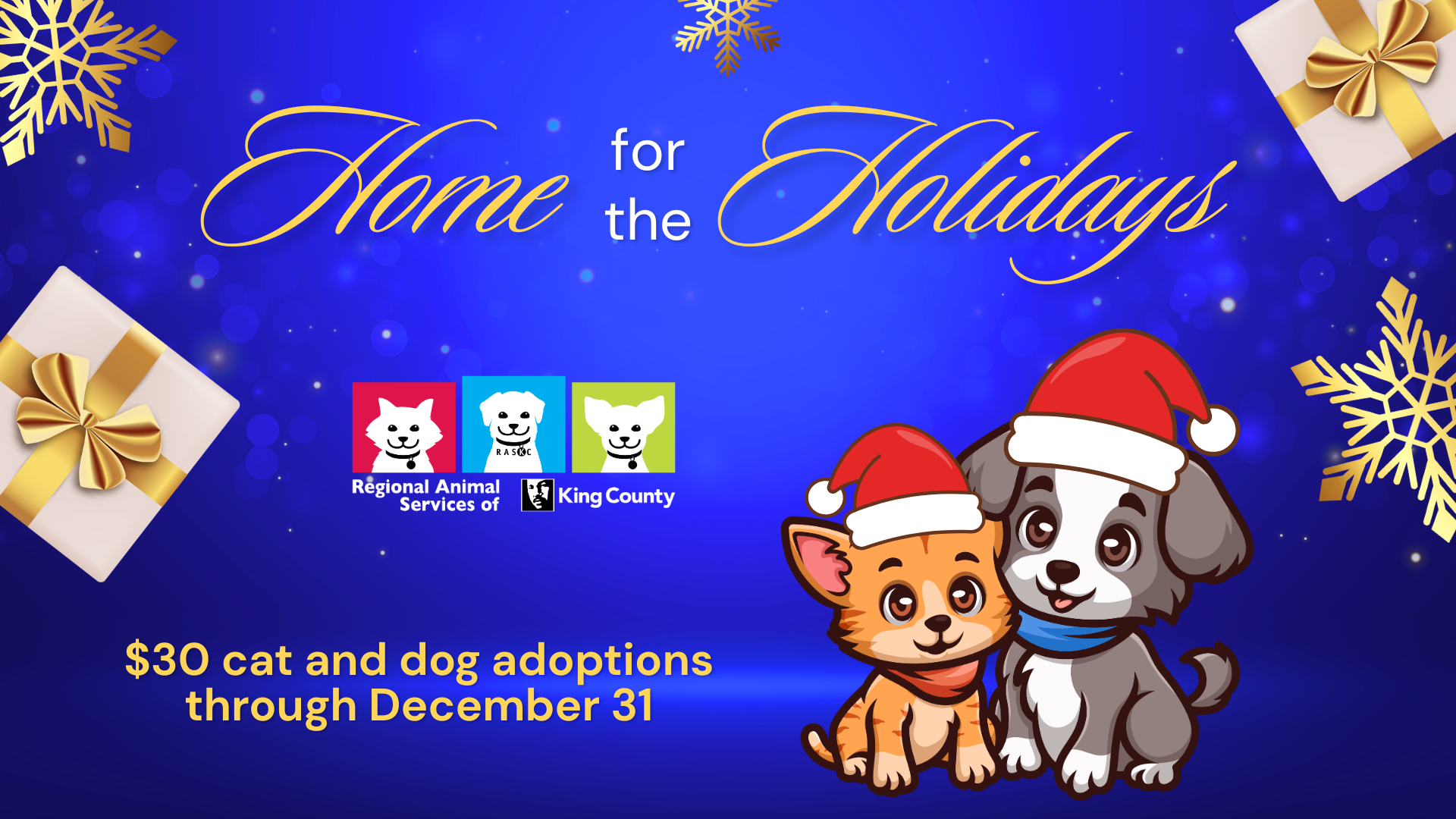 Home for the Holidays promotional graphic with snowflakes, presents, RASKC logo, and cat and dog in Santa hats. Text reads: Home for the Holidays, $30 cat and dog adoptions through December 31