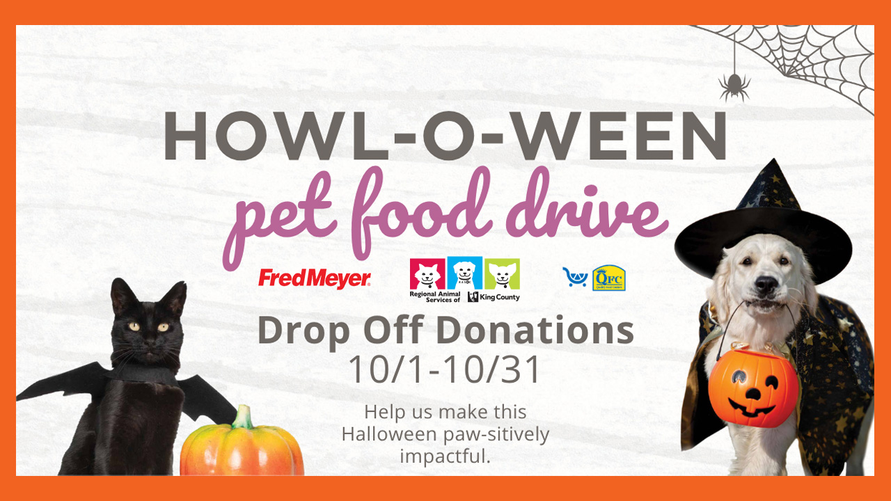 Howl-O-Ween Pet Food Drive graphic with holiday-themed cat and dog and Fred Meyer, RASKC, and QFC logos. Text: Drop off donations 10/1-10/31, help us make this Halloween paw-sitively impactful!