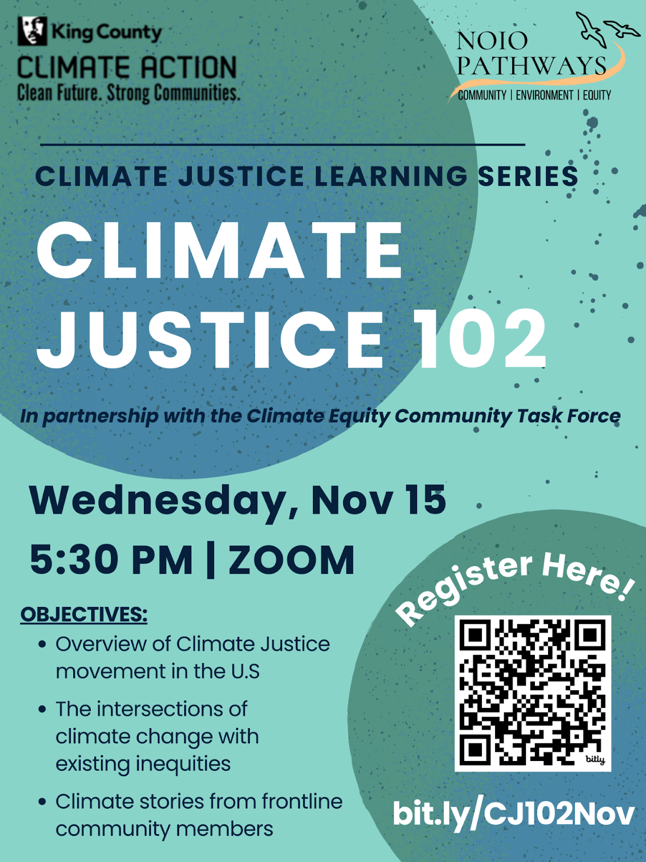 poster that reads "climate justice 102" and has qr code