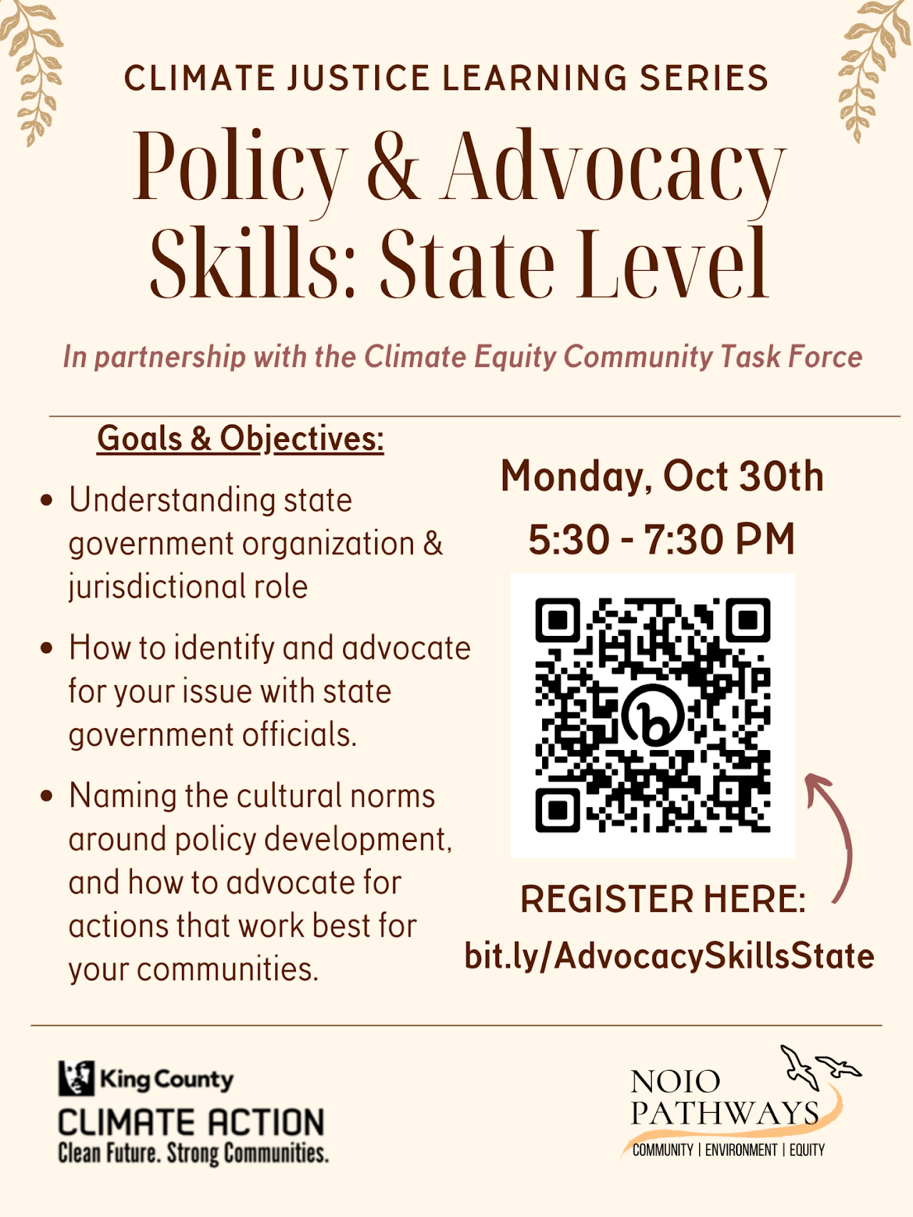 poster that reads "policy and advocacy skills: state level" with qr code