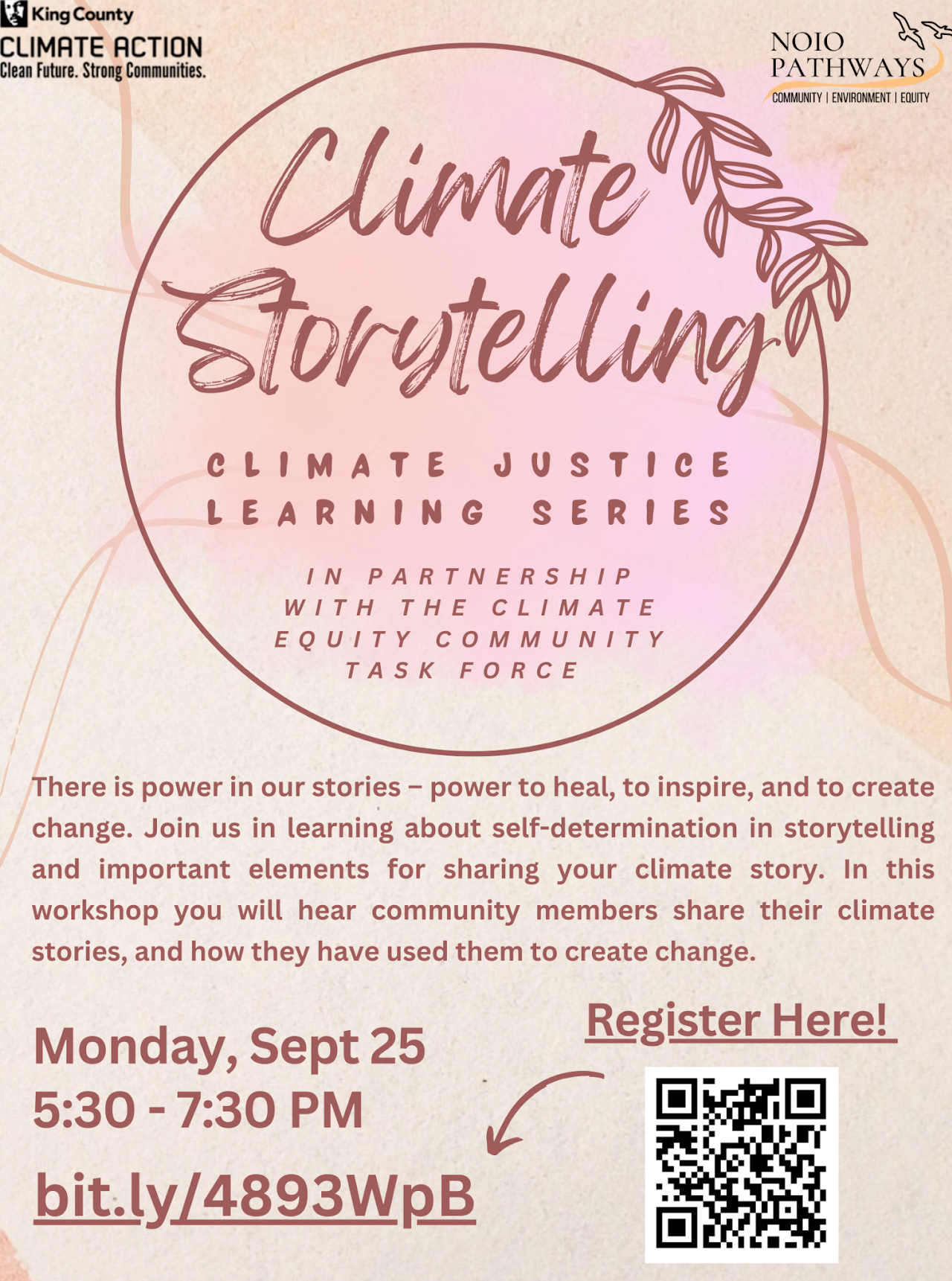 poster that reads "climate storytelling" with qr code