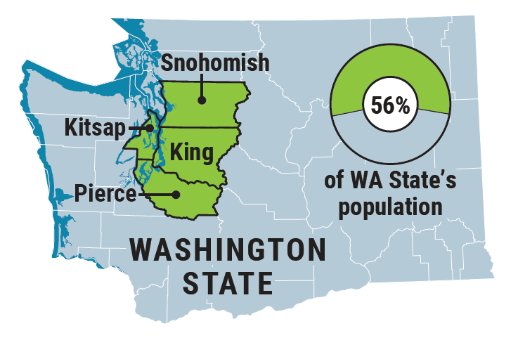 Map of CPRG service areas, highlighting Snohomish, Kitsap, Pierce and King.