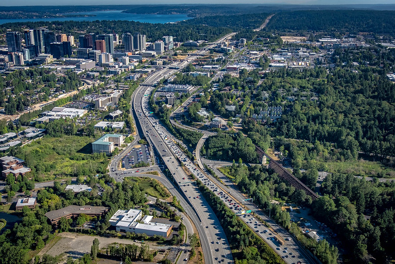 A birds-eye view of busy traffic on interstate 405 through Bellevue