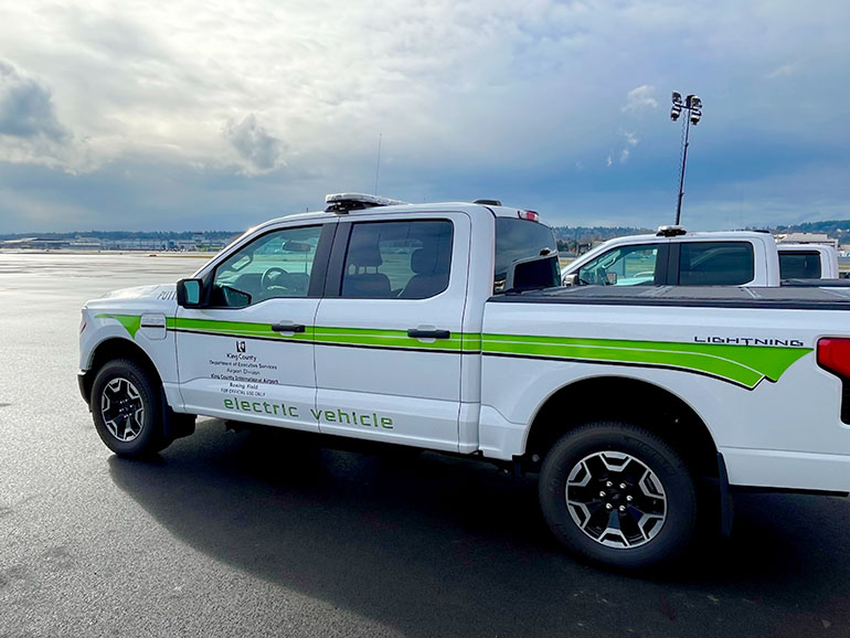 electric pick-up truck, white body with green stripe