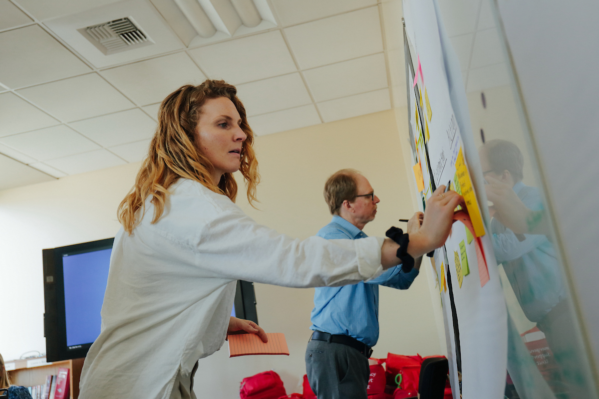 people putting post it notes on a posterboard