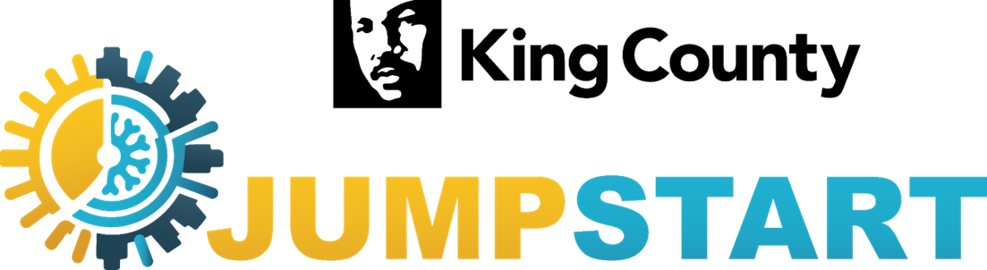 logo that says king county jumpstart and has an image of a wheel with multiple spokes